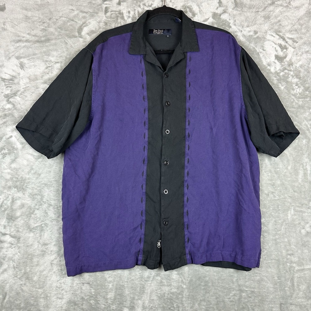 VTG Nat Nast Luxury Original Button Down Bowling Shirt Mens XL Black Purple Silk